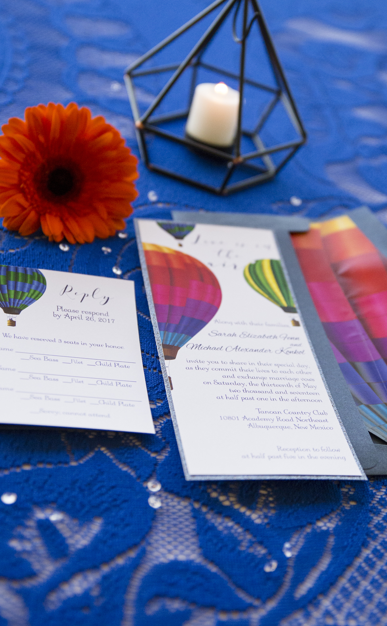 wedding planning design decor inspo real local New Mexico Perfect Wedding Guide couple bright color blue orange red hot air balloon love invitations design tablescape lace sunflower details indoor event ceremony love couple bride