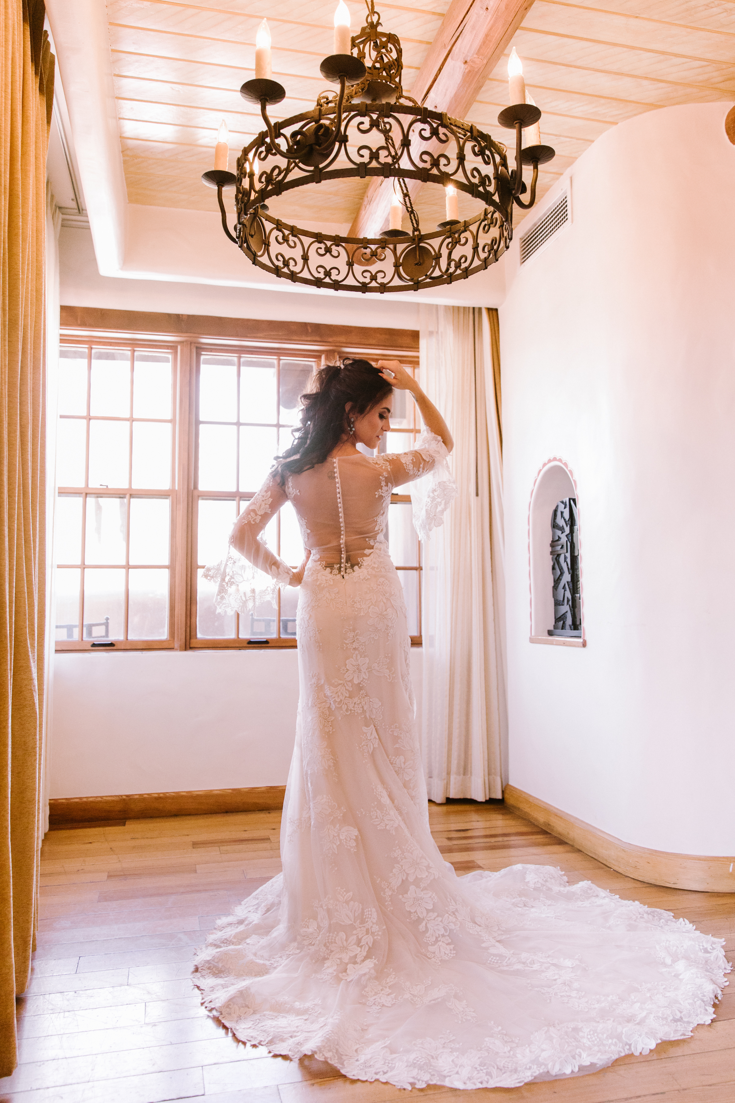New Mexico wedding Santa Fe planning La Fonda gown suit inspiration design lace photography romantic styled local perfect wedding guide sheer high neck sleeves