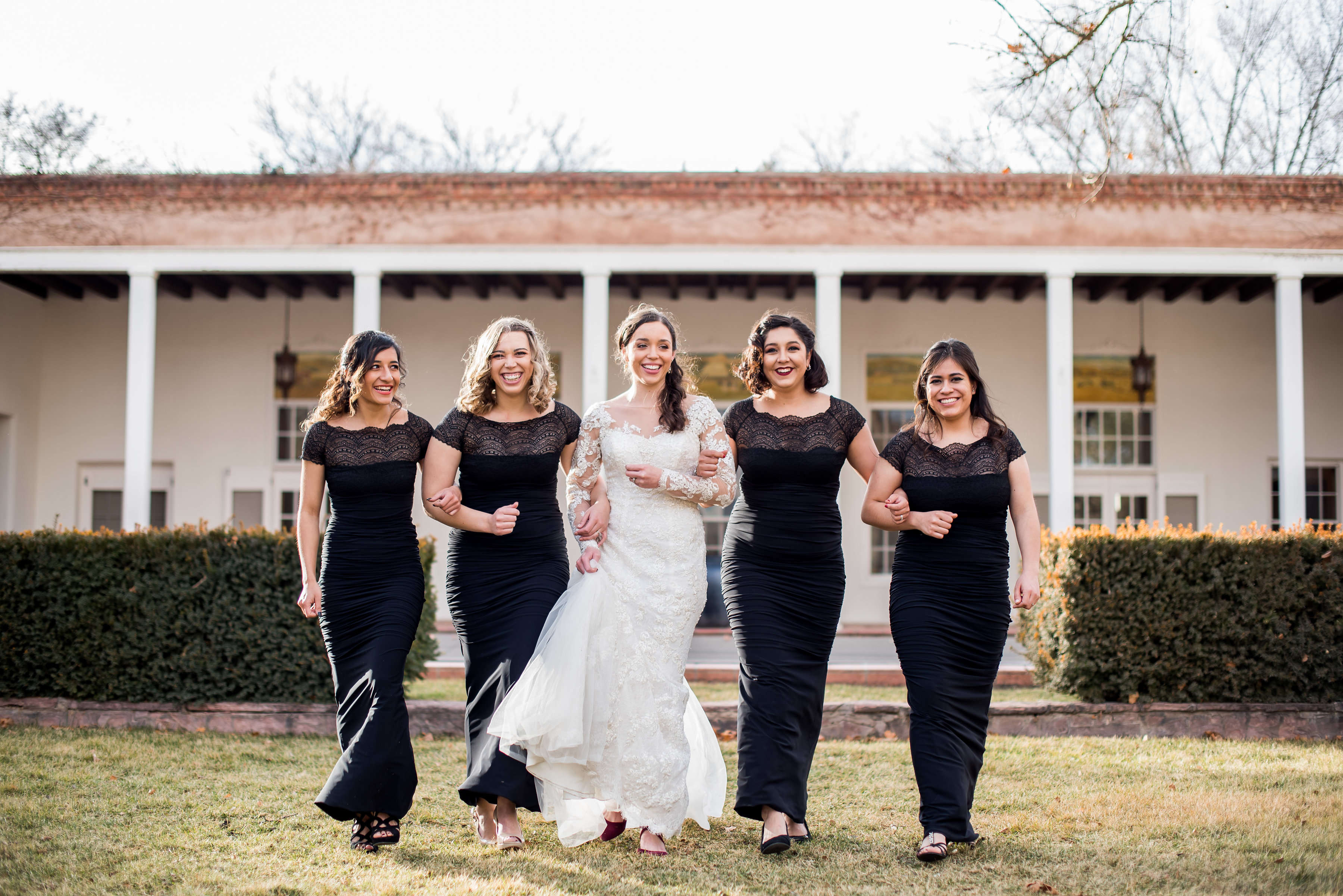 wedding planning design decor inspo real local New Mexico Perfect Wedding Guide lace bridesmaids maid of honor wedding party long sleeve traditional black outdoor natural light