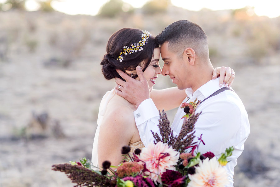 wedding planning photography styled shoot natural light outdoor elopement engagement New Mexico Albuquerque mountains Perfect Wedding Guide headpiece romantic bouquet floral dahlia love marriage inspiration