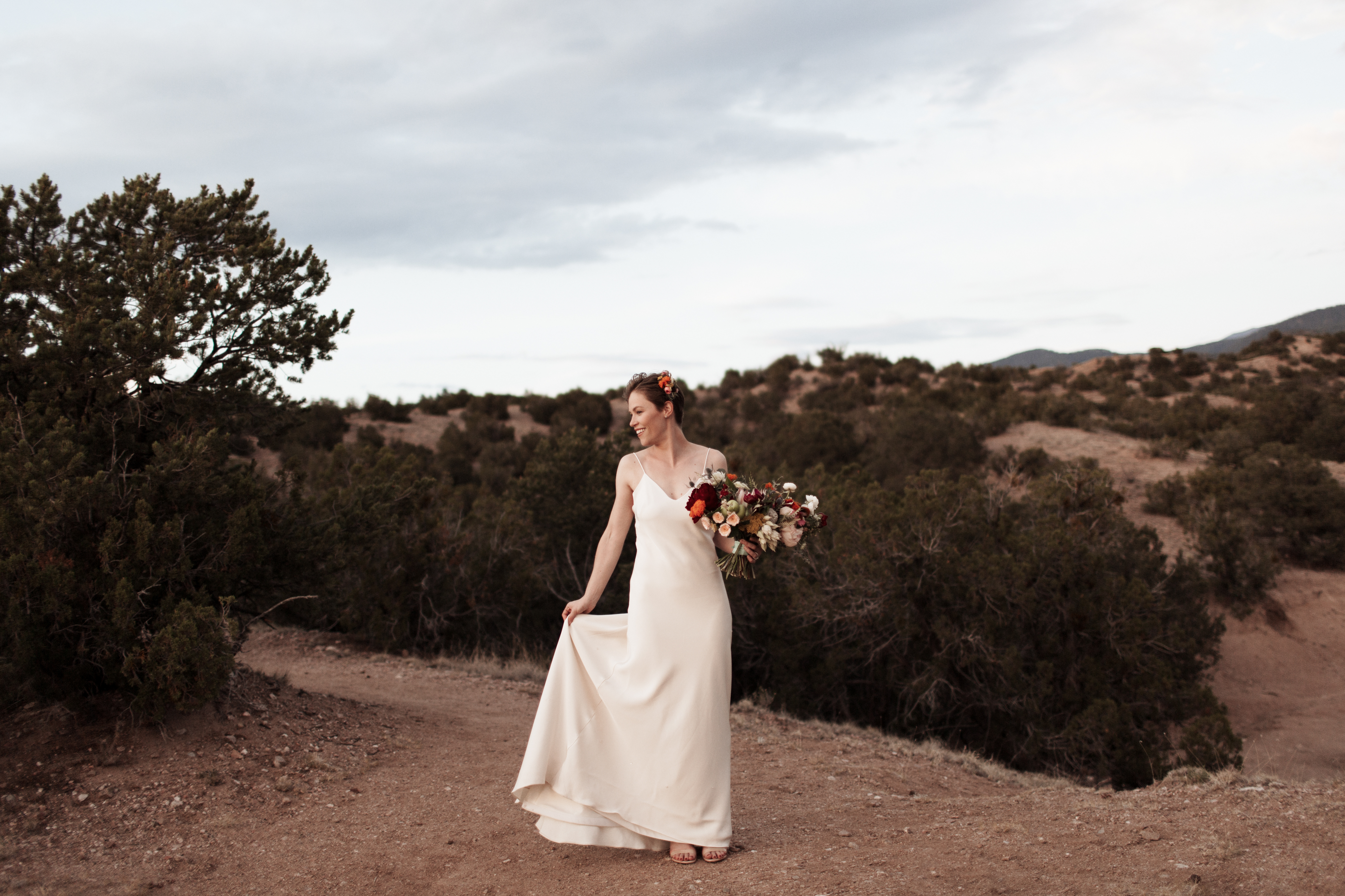 outdoor photography wedding desert landscape planning bouquet jewel tones simple gown bridal updo hair piece silk nature New Mexico photography